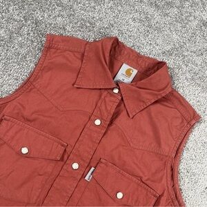 Carhartt Western Shirt Womens Medium Pearl Snap Rouching Yoke Sleeveless Red